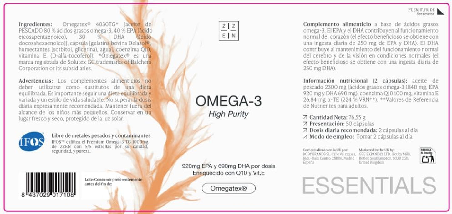 ZZEN - Omega 3 IFOS De 1840 Mg | EPA (920 Mg) Y DHA (690 Mg) Con Coenzima Q10 (100 Mg) Y Vitamina E, Corazón, Función Cerebral Y Visión, 50 Perlas De Alta Concentración Y Biodisponibilidad