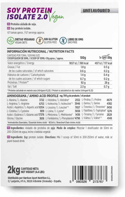 Proteína De Soja Aislada De HSN | Sin Sabor 2 Kg = 67 Tomas Por Envase | 100% Vegana | Soy Protein Isolate | No-Gmo, Sin Gluten
