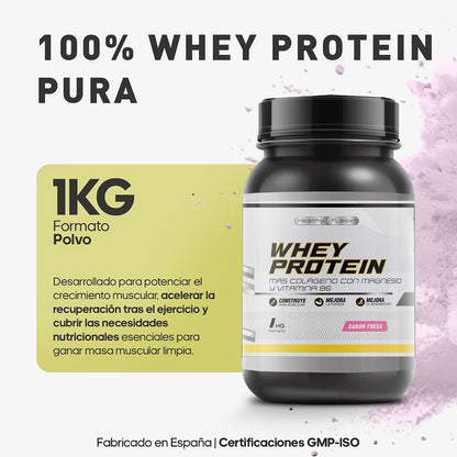 Whey Protein 1KG | 43G Proteína/Dosis | Proteína En Polvo, BCAA, Glutamina, Colágeno, Magnesio Y Vitamina B6 | Aumenta Masa Muscular, Fuerza, Recuperación | Alta Disolución, Fácil Digestión Fresa
