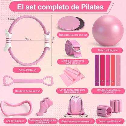 Kit Pilates, 14 Piezas Rosa Kit Pilates En Casa Completo Para Casa Con Aro, Pelota, Calcetines Antideslizantes, Pesas Para Muñecas Ajustables Y Bandas De Resistencia – Equipo De Fuerza Y Yoga