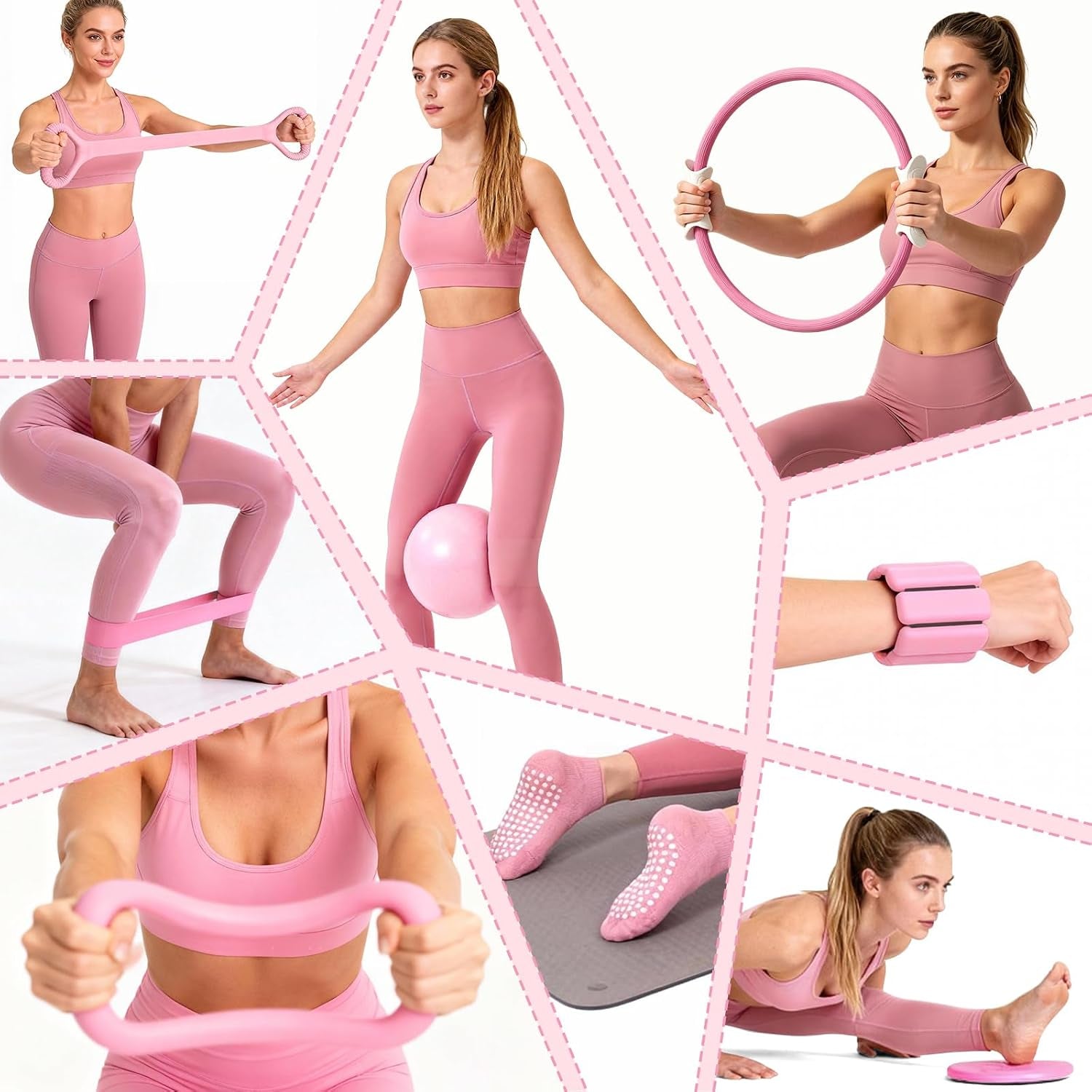 Kit Pilates, 14 Piezas Rosa Kit Pilates En Casa Completo Para Casa Con Aro, Pelota, Calcetines Antideslizantes, Pesas Para Muñecas Ajustables Y Bandas De Resistencia – Equipo De Fuerza Y Yoga