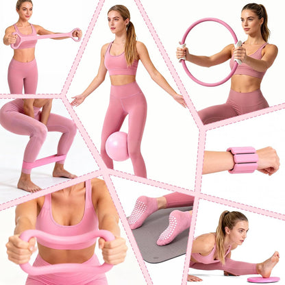 Kit Pilates, 14 Piezas Rosa Kit Pilates En Casa Completo Para Casa Con Aro, Pelota, Calcetines Antideslizantes, Pesas Para Muñecas Ajustables Y Bandas De Resistencia – Equipo De Fuerza Y Yoga