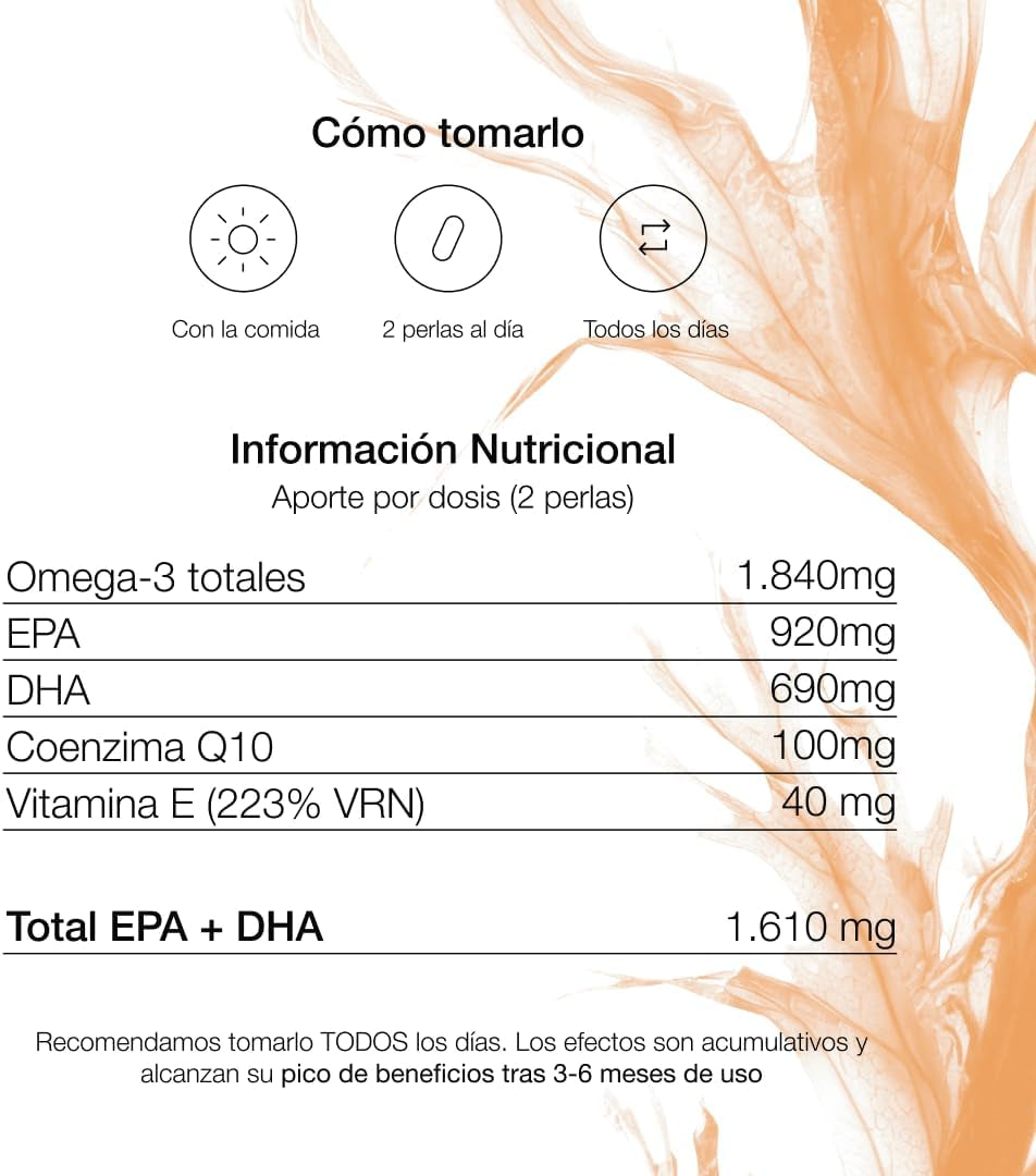 ZZEN - Omega 3 IFOS De 1840 Mg | EPA (920 Mg) Y DHA (690 Mg) Con Coenzima Q10 (100 Mg) Y Vitamina E, Corazón, Función Cerebral Y Visión, 50 Perlas De Alta Concentración Y Biodisponibilidad