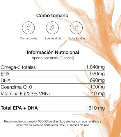 ZZEN - Omega 3 IFOS De 1840 Mg | EPA (920 Mg) Y DHA (690 Mg) Con Coenzima Q10 (100 Mg) Y Vitamina E, Corazón, Función Cerebral Y Visión, 50 Perlas De Alta Concentración Y Biodisponibilidad