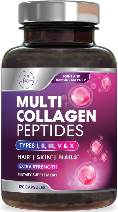 Multi Collagen Peptides - Hydrolyzed Collagen Types I, II, III, V, X - Best Hair, Skin, Nail & Joint Support for Women - Complete Collagen Peptide Supplement - Non-Gmo, Bottled USA - 120 Capsules