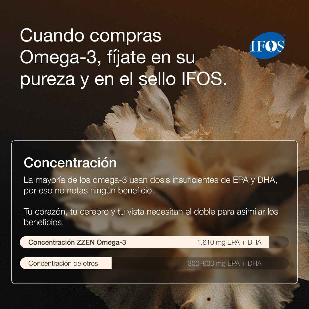 ZZEN - Omega 3 IFOS De 1840 Mg | EPA (920 Mg) Y DHA (690 Mg) Con Coenzima Q10 (100 Mg) Y Vitamina E, Corazón, Función Cerebral Y Visión, 50 Perlas De Alta Concentración Y Biodisponibilidad