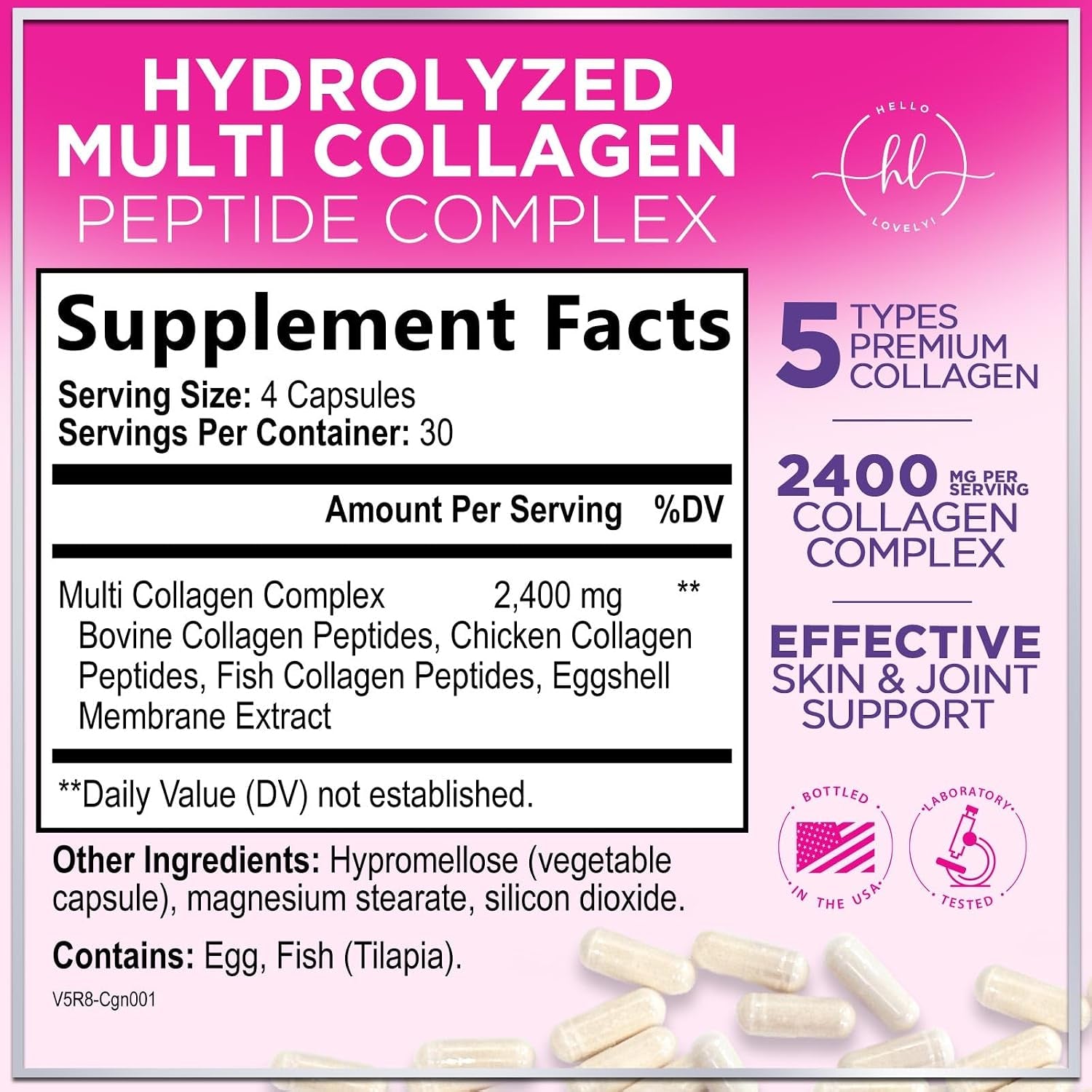 Multi Collagen Peptides - Hydrolyzed Collagen Types I, II, III, V, X - Best Hair, Skin, Nail & Joint Support for Women - Complete Collagen Peptide Supplement - Non-Gmo, Bottled USA - 120 Capsules