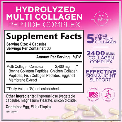 Multi Collagen Peptides - Hydrolyzed Collagen Types I, II, III, V, X - Best Hair, Skin, Nail & Joint Support for Women - Complete Collagen Peptide Supplement - Non-Gmo, Bottled USA - 120 Capsules