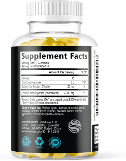 Creatine Gummies - 1000 MG (1G) Creatine Monohydrate per Gummy - Best Micronized, Sugar Free Creatine Chewable for Men & Women - Supports Lean Muscle, Strength, Energy & Endurance - 60 Lemon Gummies