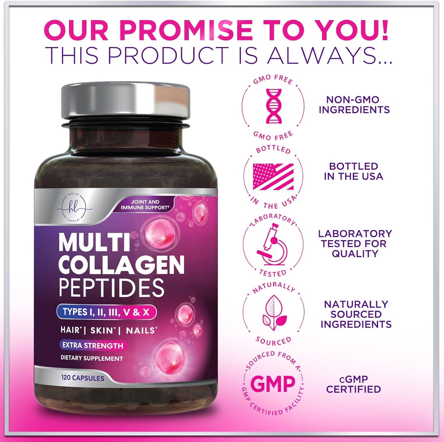 Multi Collagen Peptides - Hydrolyzed Collagen Types I, II, III, V, X - Best Hair, Skin, Nail & Joint Support for Women - Complete Collagen Peptide Supplement - Non-Gmo, Bottled USA - 120 Capsules