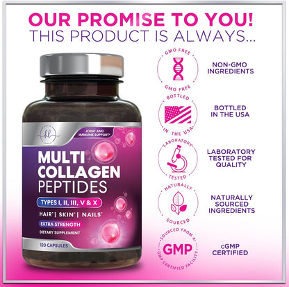 Multi Collagen Peptides - Hydrolyzed Collagen Types I, II, III, V, X - Best Hair, Skin, Nail & Joint Support for Women - Complete Collagen Peptide Supplement - Non-Gmo, Bottled USA - 120 Capsules