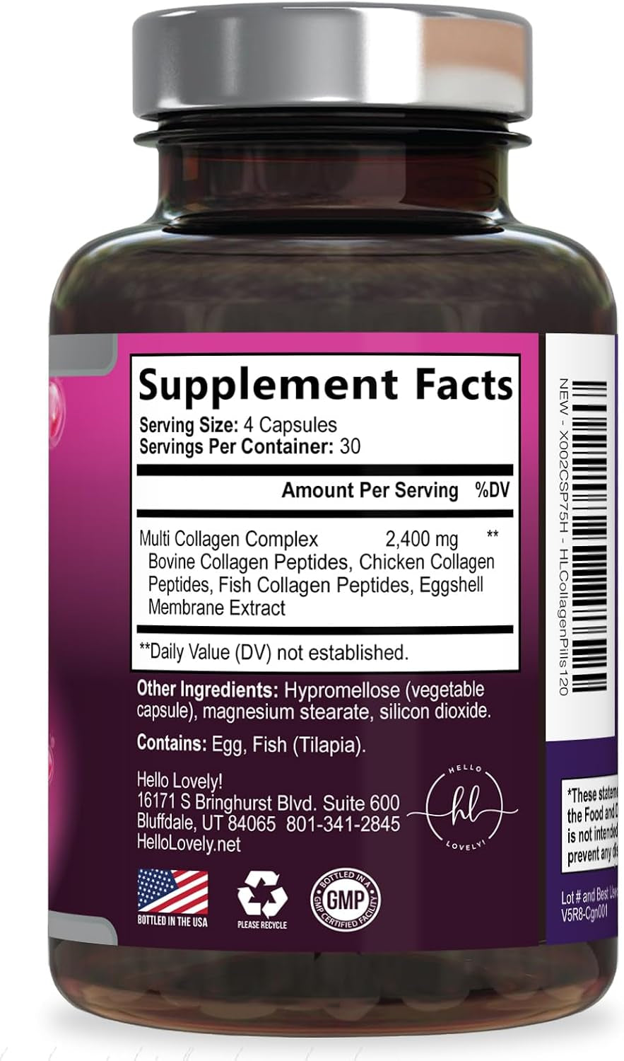 Multi Collagen Peptides - Hydrolyzed Collagen Types I, II, III, V, X - Best Hair, Skin, Nail & Joint Support for Women - Complete Collagen Peptide Supplement - Non-Gmo, Bottled USA - 120 Capsules