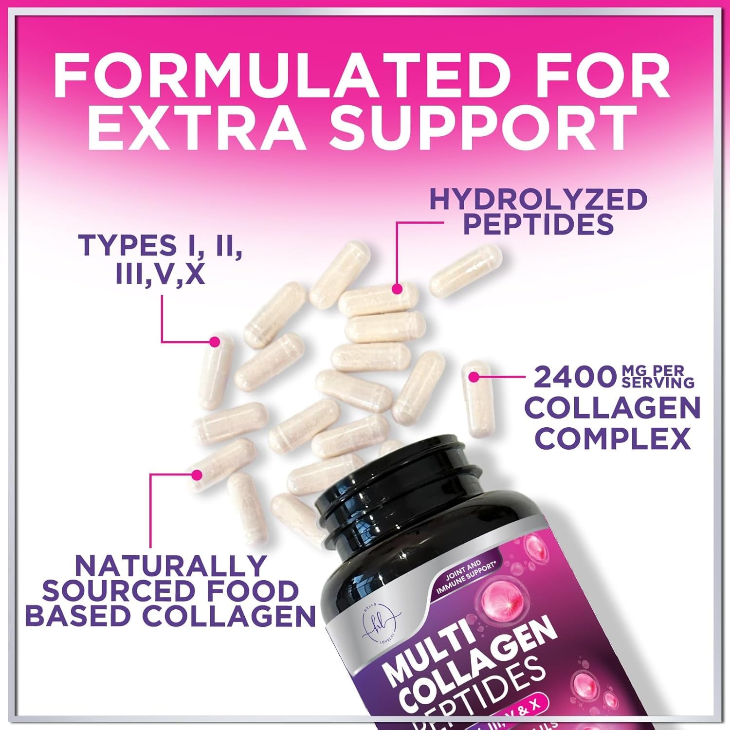Multi Collagen Peptides - Hydrolyzed Collagen Types I, II, III, V, X - Best Hair, Skin, Nail & Joint Support for Women - Complete Collagen Peptide Supplement - Non-Gmo, Bottled USA - 120 Capsules
