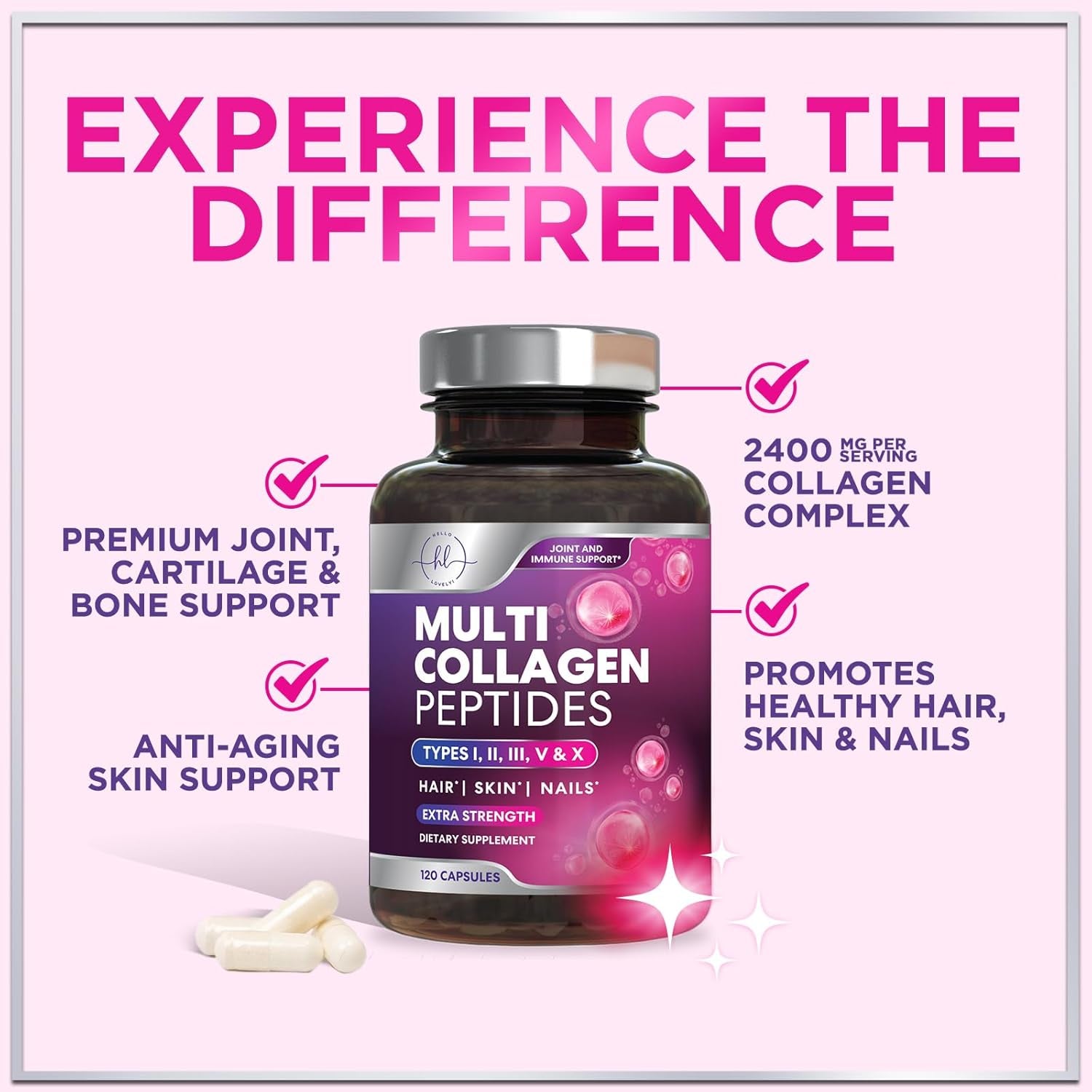 Multi Collagen Peptides - Hydrolyzed Collagen Types I, II, III, V, X - Best Hair, Skin, Nail & Joint Support for Women - Complete Collagen Peptide Supplement - Non-Gmo, Bottled USA - 120 Capsules