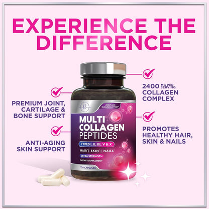 Multi Collagen Peptides - Hydrolyzed Collagen Types I, II, III, V, X - Best Hair, Skin, Nail & Joint Support for Women - Complete Collagen Peptide Supplement - Non-Gmo, Bottled USA - 120 Capsules