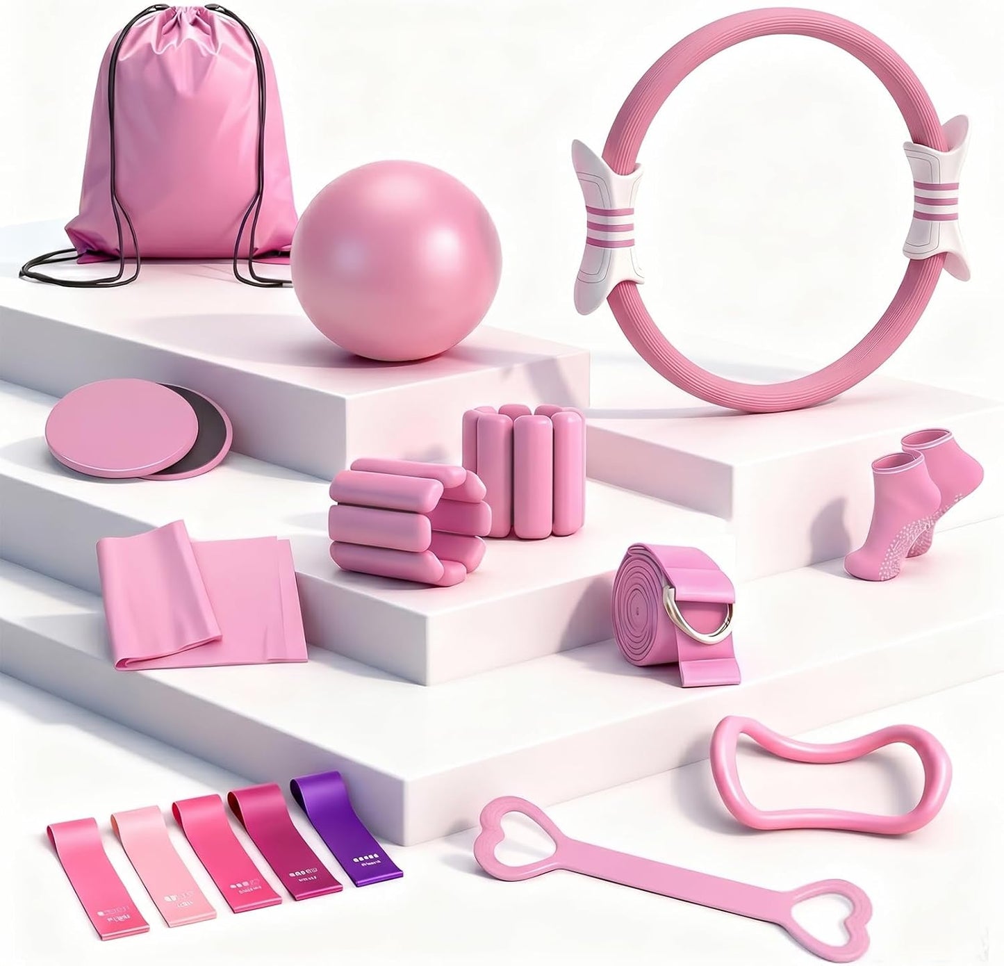 Kit Pilates, 14 Piezas Rosa Kit Pilates En Casa Completo Para Casa Con Aro, Pelota, Calcetines Antideslizantes, Pesas Para Muñecas Ajustables Y Bandas De Resistencia – Equipo De Fuerza Y Yoga